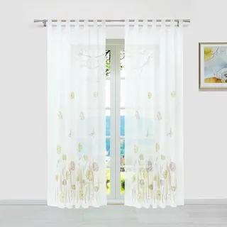 ESLIR Gardinen mit Schlaufen Vorhänge Gardinenschals Transparent Schlaufenschal Blumen Muster Voile Braun BxH 150x145cm 1 Stück
