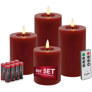 Candela Lights LED Kerzen 4er Set Winter Rot glatt Echtwachs inklusive Fernbedienung und 8 Batterien Timer Funktion & mehrstufig dimmbar flammenlos Echtwachskerzen Stumpenkerzen