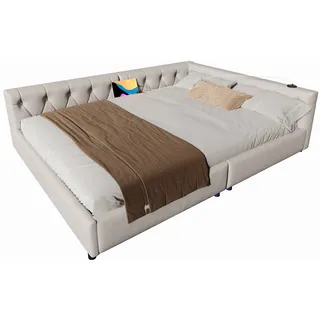 STILVORA Schlafsofa 140x200 Leinen mit Lattenrost, USB + Typ-C Anschlüsse, Ambientebeleuchtung, modernes Tagesbett, Beige