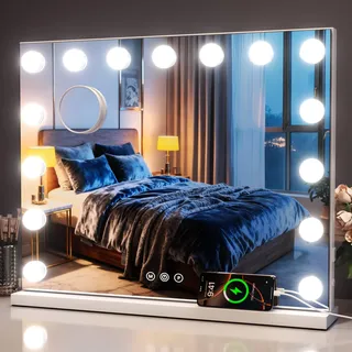 Oule GmbH Hollywood Schminkspiegel mit Beleuchtung, 58×46 cm, 15 dimmbar LED-Lampen, 3 Lichtmodi, USB-Anschluss, Kosmetikspiegel mit 10-Fach Vergrößerung für Schminktisch und Schlafzimmer