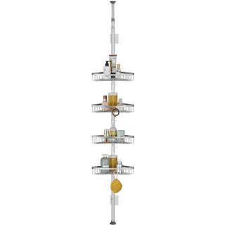 QIUFEN Teleskop Duschregal, Metall Eckregal Badezimmer Regal Teleskopregal Bad, Duschregal Ohne Bohren, Duschablage Ecke für Dusche, Höhenverstellbar von 73-302 cm (Grau)