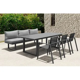acamp Garten-Essgruppe Aluminium Sitzgruppe 5-teilig, Stapelsessel & Bank, Keramiktisch, (Spar-Set, 5-tlg., 5-teilig: 3 Stapelsessel, Bank & Tisch), wetterfest, stapelbar, Keramiktisch, verstellbares Kopfteil, Outdoor grau