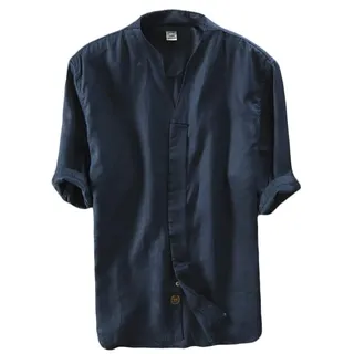 Icegrey Herren 100% Leinen Kurzarm Hemd Sommerhemd V-Neck Freizeit Hemd Tiefes Blau 54