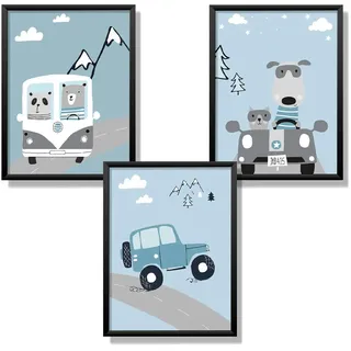 Kindsblick® 3er Set Poster für Kinderzimmer - DIN A4 Kinderposter für Jungen & Mädchen - Motiv: Tolle Autos - Hellblau - Wunderschöne Deko für jedes Kinderzimmer