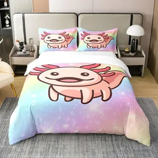 Axolotl 100% Baumwolle Bettbezug 155x220,Pastell Regenbogen Axolotl Bettwäsche Set Gold Sterne Sternenhimmel Tröster Abdeckung Krawatte Färbung Nette Haustier Tier Fisch Bett Sets mit 1 Kissenbezug