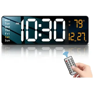 POPOLIC Wanduhr Moderne 40.6 cm große digitale Wanduhr mit Fernbedienung (LED-Display, 2 Wecker, Auto-Dimming, Kalender, 12/24h Format, leise) schwarz