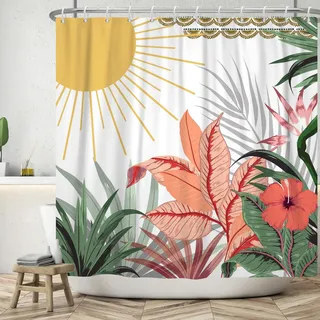 Boho Blätter Duschvorhang 180x220 cm, ASDCXZ Modern Abstrakt Kunst Grün Blätter Sonne Blumen Weiß Bad Waschbar Duschvorhänge Polyester Textil Wasserdicht Badevorhang für Badewanne mit 12 Haken