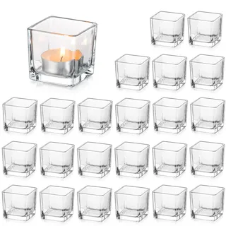 Glasseam Klar Teelichthalter Glas Satz von 24, Viereckig Teelichtgläser Klein Bulk, Kerzenhalter Weihnachten für Wohnzimmer Tisch Home Deko, Modern Kerzengläser Teelichtglas für Hochzeit Party