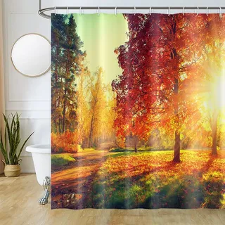 Uiiooazy Duschvorhang 200x180cm, Duschvorhang Anti Schimmel Herbst Orange Gelb Blätter Wald Landschaft Duschvorhänge Stoff Waschbar Wasserdicht Polyester Bad Vorhang mit 12 Haken für Badezimmer