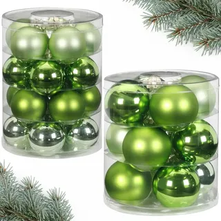 Weihnachtskugeln großes Set aus Glas | 12 große 8cm-Kugeln & 20 Klassische 6cm-Kugeln für den Weihnachtsbaum | Christbaumkugeln für Weihnachten (Sparkling Nature grün)