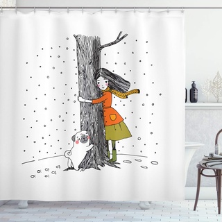 ABAKUHAUS Baum Duschvorhang, Mädchen Mops einen Baum umarmt, Stoffliches Gewebe Badezimmerdekorationsset mit Haken, 175 x 180 cm, Mehrfarbig