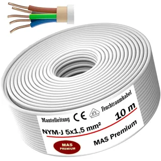 MAS Premium Feuchtraumkabel Stromkabel 5-200m Mantelleitung NYM-J 5x1,5 2,5 4 6 10 16 Elektrokabel für feste Verlegung (NYM-J 5x1,5 mm2, 10m)