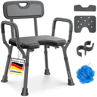 KESSER Badhocker Duschhocker mit Lehne höhenverstellbar in 6 Stufen 38-54cm (Duschstuhl mit Brausehalterung, Anti-Rutsch Füße & Matten), Duschsitz 150KG belastbar Duschhilfe Senioren & Schwangere grau