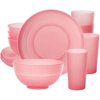 Greentainer Geschirrsets aus Kunststoff (12pcs) | Leichtes und Unzerbrechliches Komplett-Set,Tellerset, Schüsseln,Tassen,Tafel-Service für 4 Person (Rot)