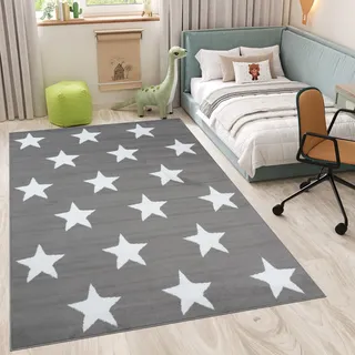 TAPISO Luxury Teppich Kurzflor Kinderteppich Grau Weiß Modern Geometrisch Sterne Wohnzimmer Jugendzimmer Kinderzimmer Schlafzimmer ÖKOTEX 200 x 300 cm