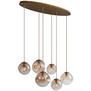 Qazqa Esstisch Art Deco Pendelleuchte, Pendellampe - Douglass - Messing, Gold mit Bernsteinglas, Vintage, 6-flammig, 125cm, Ideal als Esszimmerlampe und
