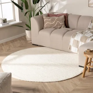 FRAAI | Home & Living Wollteppich Rund - Feline Weiß - Ø 100 cm - Wolle - Flachgewebe - Einfarbig - Modern, Skandinavisch - Wohnzimmer, Esszimmer, Schlafzimmer