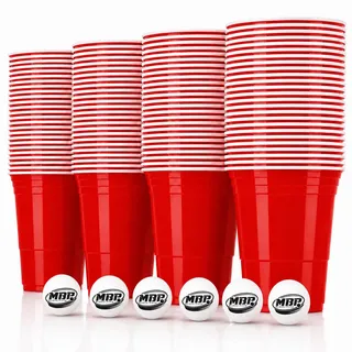 MYBEERPONG® Party Cups Rot 100 Stück + 6 Bälle 473 ml / 16 oz – BPA-freie stabile Plastikbecher Mehrweg Partybecher für Beer Pong, Geburtstag, Festival, BBQ & Party