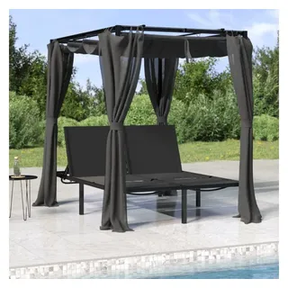 furnicato Gartenliege Doppel-Sonnenliege Anthrazit 207x153x204 cm mit verstellbarer, Loungebett mit Verdeck, Vorhängen und stabilem Stahlgestell für Pool schwarz