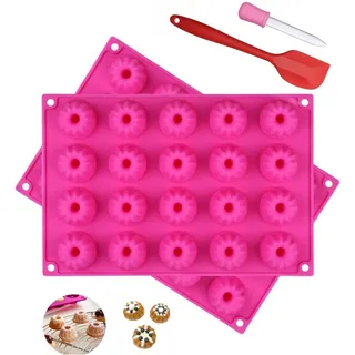 AVIMYA Mini Gugelhupfform Silikon 2 Stück Gugelhupf Backform 20 Cavity mit Antihaftbeschichtung für Kuchen Muffins Brownies Puddings 30x20x2.4cm, Rosa, mit Liquid Dropper und Spateln