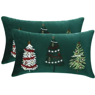 Tosleo 2Pcs Weihnachten Kissenbezüge Dekokissen aus Samt Winter Grün Weihnachtsbaum 30x50cm Kissenhüllen Merry Christmas für Deko Weihnachten Sofa Schlafzimmer Couch