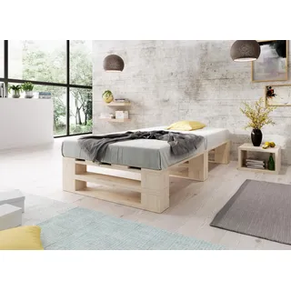 Lermowood Palettenbett M2 aus Holz 100 x 200 cm Natur mit Lattenrost Holzbett 30cm Stabiles Seniorenbett Kinderbett Jugendbett Gästebett erhöhtes Einzelbett Bettgestell Futonbett Komforthöhe Naturholz