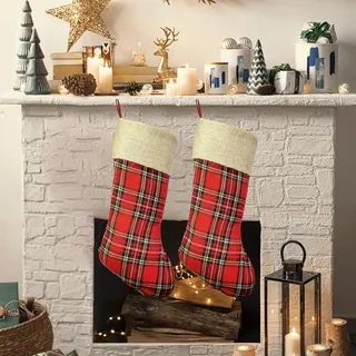 2 Stück Weihnachtsstrumpf, Plaid Nikolausstrumpf 48cm groß mit Jute Cuff zum bef