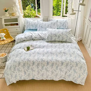 Highdi Bettwäsche 4 Teilig Bettbezüge und Bettwäsche mit 1/2 Kissenbezüge, Superweiches Bettbezüge mit Reißverschluss aus Atmungsaktivem Gewaschene Baumwolle (150x200cm -1,2m Bett,Blau)