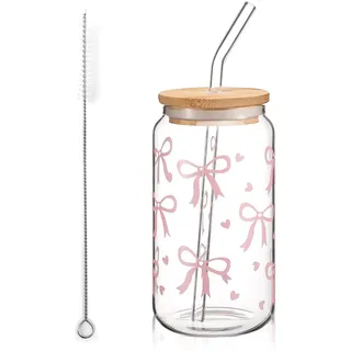 Glas Trinkbecher Mit Deckel Und Strohhalm, Bow Glasbecher 16 Oz, Iced Coffee Glas in Dosenform, Rosa Schleife Glasbecher, Vielseitiges Trinkglas Für Bubble Tea, Kaffee (Schleife mit Herzmuster)