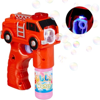 Relaxdays 10 x LED Seifenblasenpistole Feuerwehr, batteriebetrieben, mit 500ml Seifenblasen Flüssigkeit, für Kindergeburtstag, rot