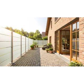 Windschutzwand Glas San Marino – 8 mm ESG-Glaselemente mit satinierten Streifen als pflegeleichter Garten & Terrassen Wind- und Sichtschutz