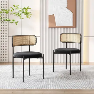 ModernLuxe Esszimmerstühle im 2er-Set, moderner Freizeitstuhl mit Rattan-Rückenlehne Samtkissen,stabilen Metallbeinen und rundem Sitzkissen, ideal für Wohnzimmer und Schlafzimmer, Schwarz