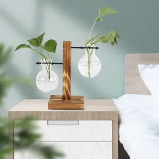 Dekorative Pflanzvase [hochwertiges Borosilikatglas / Kiefernholzrahmen] Typ B – Mini-herzdesign & Drehständer Für Schreibtisch, Zuhause, Büro