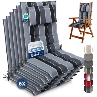 Beautissu 6er Set Premium Hochlehner Auflage Kopfpolster 120x50cm Sun-HL – 8cm Dick Polster Gartenstuhlauflage rutschfest Befestigungsbänder UV-Lichtechtheit 5 – Robust Stoff Anthrazit Gestreift