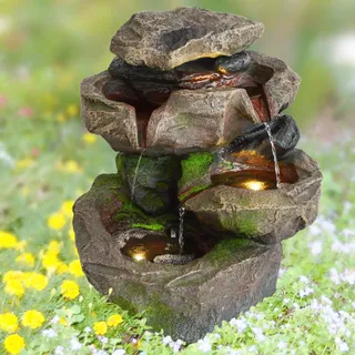 Gartenbrunnen, Zimmerbrunnen Stein-Kaskade Schwarzwald mit Led Licht 230V für Garten, Gartenteich, Terrasse, Teich.