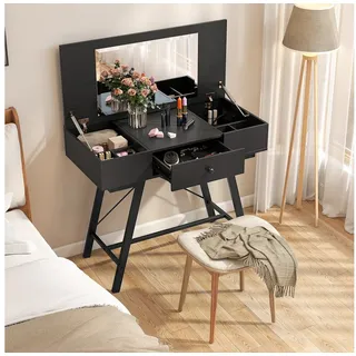 COSTWAY Schminktisch, Kosmetiktisch, Schreibtisch, mit Spiegel, Ladestation, Klappdeckel schwarz