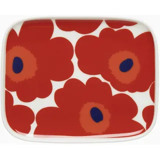 MARIMEKKO Unikko Oiva Rechteckiger Teller aus Steinzeug – verfeinern Sie Ihre Küchendekoration mit unserem ikonischen roten und weißen Steingut – Servierteller, um Ihr kulinarisches Erlebnis zu