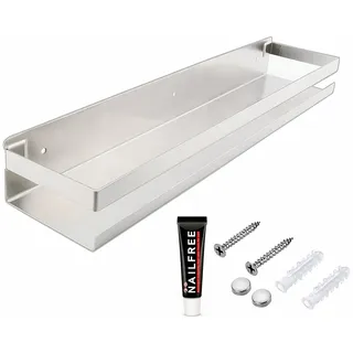 Taspooke Ohne Bohren Wandregal Gewürzregal - 50 cm Edelstahl 304 Klebe-Regal für Küche & Bad, Stapelbar Modular Kombinierbar für Gewürze, Kosmetik & Pflegeprodukte (Silber, 50cm)