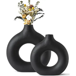 Vasen, Dekovase (2er Set), Keramik Vase, Moderne Dekovase, Schwarz Vasen matt, Pampasgras-Vase, Runde Handmade Getrocknete Blumenbehälter, Blumen-... - Schwarz