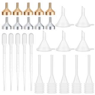 GORGECRAFT 25St 5 Stil Kleine Metalltrichter Ätherisches Öl Trichter Kit Und Pipette Mit Kunststoff-Transferpipetten von Flüssigem Pulver Zum Befüllen Kleinen Mini-Flaschen Parfümbehältern