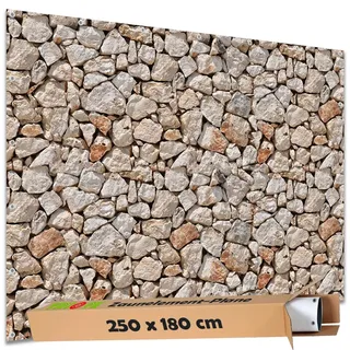 TRIOSK Sichtschutz Garten Deko Zaun Plane Blickdicht groß mit Zaunblende Motiv Bruchstein Mauer Optik Hell für Zaunelement Doppelstabmatten Stabmattenzaun Gartenzaun PVC 250x180 cm