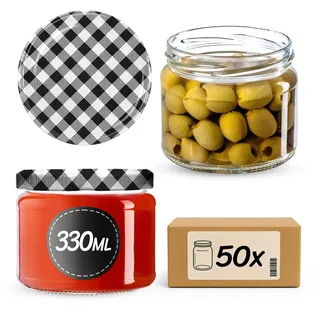 KADAX 50er Set Marmeladengläser 330ml TO82 Schwarz kariert, Einmachgläser Vorratsgläser Mason Jar mit Schraubdeckel, Luftdichte Schraubgläser, Honig & Konfitüre