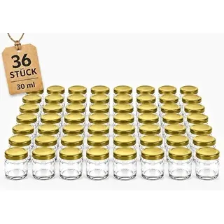 SEPIR 36 Stück Mini Gläser 30 ml mit goldenen Deckeln, kleine Einmachgläser 40 x 43 mm, Glasbehälter für Marmelade, Honig, Gewürze, Desserts und Gastgeschenke