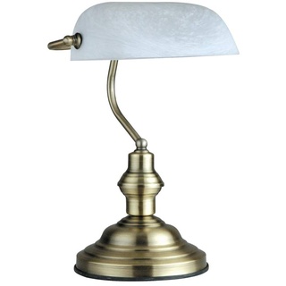 Retro Tischlampe, Art Deco Schreibtischlampe Bibliotheksleuchte Banker Lampe in weiß und Messing antik, Designklassiker GLOBO 2492 von Isolicht