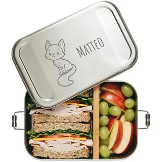 Bärenfreunde Brotdose personalisiert aus Edelstahl, Bentobox Kinder, Edelstahl Bento Box, Geschenk Kindergeburtstag, Lunchbox mit Motiv, Kindergarten, Schule, Einschulung (Fuchs)