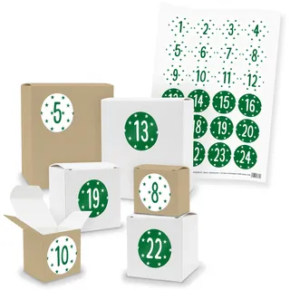 itenga Adventskalender 24x Geschenk Würfel Quader gemischt Zahlen Sterne Grün