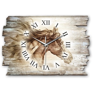 Kreative Feder Designer Wanduhr „Pferd“ aus Holz 40x27cm im Shabby Style Design - Designeruhr mit flüsterleisem Uhrwerk ohne Ticken (Pferd, leises Quarzuhrwerk)