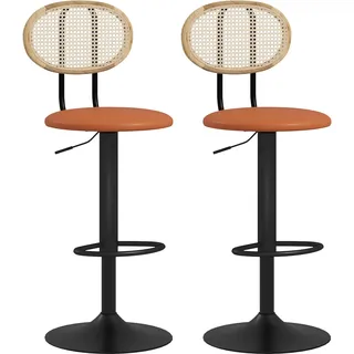 HOMCOM 2er Barhocker, höhenverstellbar, Rattan-Rückenlehne, Braun | Moderner hoher Barhocker, Fußstütze, Holzrahmen, Kunstlederbezug