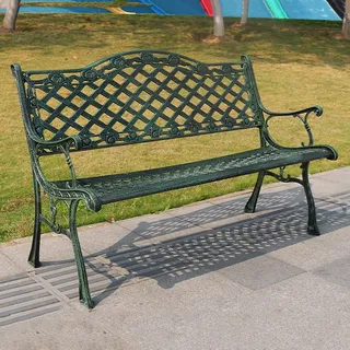 Generisch Vintage-Gartenbank aus Gusseisen, stilvolle Metall-Terrassenbank mit Rosenrückenlehne und ergonomischen Armlehnen – Grüne Gartenmöbel