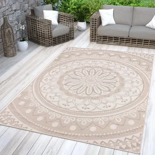 TT Home In-& Outdoorteppich Wetterfest Garten Orientalisches Marokkanisches Boho Design, Farbe: Beige Weiß Sand, Größe:120x160 cm